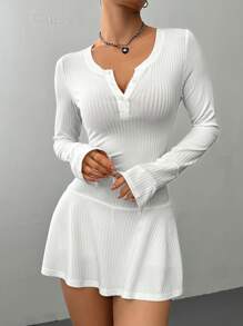 Flirla Vestido de punto casual de manga larga y cuello ancho con 3 botones, de unicolor, para mujer - Blanco - Ver 6