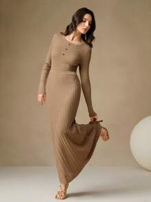 Anewsta 金属纱罗纹针织美人鱼下摆长袖连衣裙，Old Money，春季 - 杏色 - 查看 5
