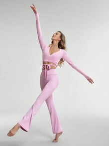 SHEIN Sports 女士纯色抽绳短款运动 T 恤，简约 - 粉色 - 查看 5