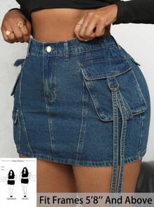 SHEIN Tall CURVE 大码女款蓝色口袋牛仔迷你裙 夏季度假风 90 年代女装 春季女装 Y2K 女装 牛仔女郎 狂欢春假 外出 2000 年代街头风 女款海滩装 波西米亚风 伊比萨风 女款节日装 约会之夜 女款演唱会装 外出 - 藍色 - 查看 1