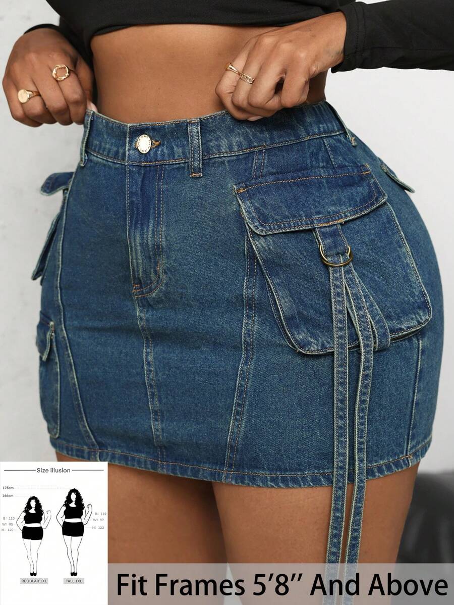 SHEIN Tall CURVE 大码女款蓝色口袋牛仔迷你裙 夏季度假风 90 年代女装 春季女装 Y2K 女装 牛仔女郎 狂欢春假 外出 2000 年代街头风 女款海滩装 波西米亚风 伊比萨风 女款节日装 约会之夜 女款演唱会装 外出 - 藍色 - 查看 1