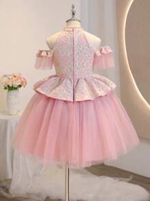 Flower Girl Big Tween Girl Sweet Textured Fabric Halter Halterneck Ruffle Sleeve Waisted Cake Puff Short Party Dress, Suitable For Wedding, Pageant, Birthday Party
