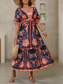 Breezaya Plus Size Women Valentine's Day Woven Floral Print V-Neck Tied Waist Short Sleeve Casual Dress, Cooling Dress, Stress Relief Outfit, Evening Long Gown, Elegant Fashion Women Loungewear, Summer Outfits For Women, St. Patrick's Day Rave Outfits, Festival Spring Break Outfits, Boho