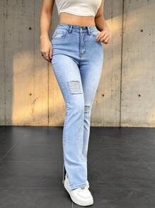SHEIN EZwear 女式纯色前扣口袋破洞休闲牛仔裤 - 淺色水洗藍 - 查看 4