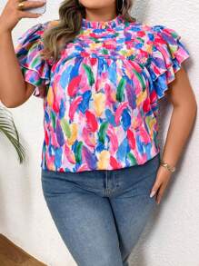 SHEIN CURVE+ 大码女式休闲花卉印花双荷叶边袖宽松衬衫，夏季波西米亚风度假