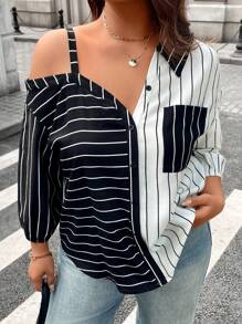 SHEIN LUNE Plus Size Women Black & White Striped Patchwork Collar Shoulder Asymmetrical Shoulder Design Music Festival 2 In 1 Shirt Spring Outfits For Women Summer Outfits For Women Summer Clothes Easter Outfit Women Western Wear Women
