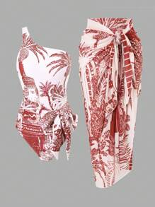 Swim Oasis Conjunto de traje de baño bohemio de 2 piezas para la primavera con un bañador de una pieza de estampado aleatorio con un hombro descubierto y cinturón, talla grande una falda larga floral con nudo delantero para la playa - Rojo - Ver 3
