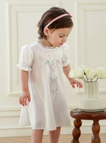 Souflis Souflis Infant/Baby Girl Summer Lightweight Ruffle Sleeve Bowknot Decor Cute Casual Dress - White - View 6