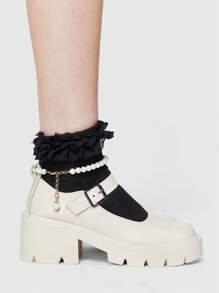 ROMWE Kawaii 女士白色玛丽珍小皮鞋，带带扣的封闭式鞋头哥特式鞋，仿珍珠系带乐福鞋，厚底和厚底平底鞋 - 米色 - 查看 4