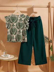 SHEIN Leap Crew 2pcs Young Girl Ditsy Floral Ruffle Collar Top And Wide Leg Pants Set - Green - View 4