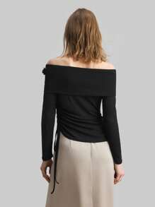 Ontre 女式黑色长袖露肩衬衫，带 3D 玫瑰花图案，夏季女士春季上衣，长袖女士上衣 - 黑色 - 查看 4