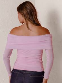 Aralina Soft Pink Off-Shoulder Long Sleeve Mesh Top - Baby Pink - View 2