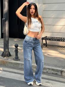 SHEIN EZwear Women Casual Distressed Straight Leg Jeans - Medium Wash - View 6