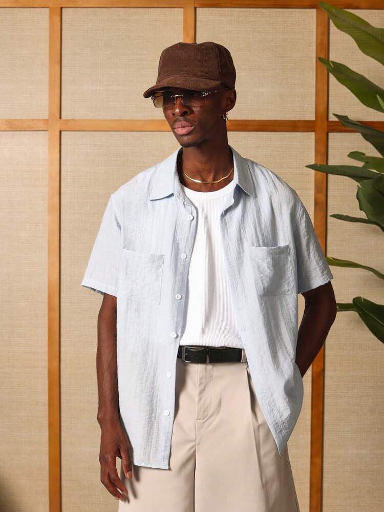 Linen-Look Collared Short Sleeve Button-Down Shirt