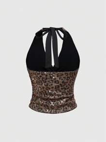 ROMWE Grunge Punk 音乐节亮片Y2K豹纹印花全印花女式露背上衣