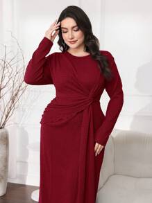 Modelyn Plus Size Elegant Solid Color Twist Knot Long Dress - Burgundy - View 1