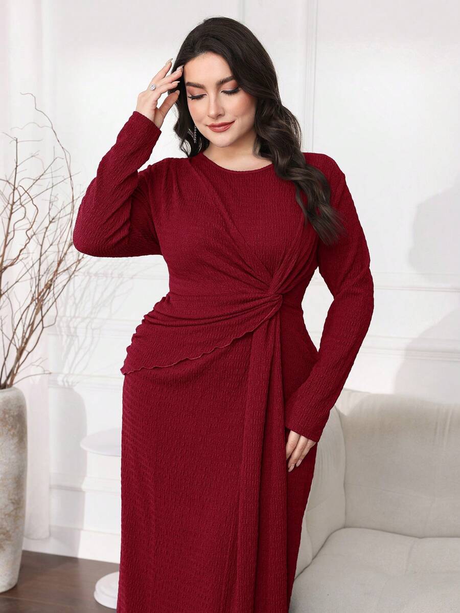 Modelyn Plus Size Elegant Solid Color Twist Knot Long Dress - Burgundy - View 1
