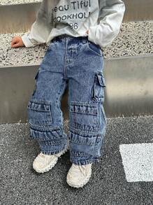SHEIN Pantalones vaqueros holgados de mezclilla negra con múltiples bolsillos de carga y efecto desgastado, elegante y cool para niños pequeños, ropa informal y versátil para otoño/invierno