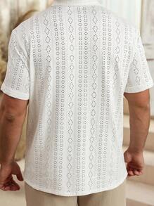 Manfinity Homme Men's Casual Daily Wear, Beach Vacation: INS Matching Romantic And Elegant White Short Sleeve Casual Shirt With Knitted Mesh Small Floral Combination Geometric Pattern And Crochet Texture Jacquard. Features A Button-Up Front, Reflecting Bohemian Island Style. Perfect For Spring And Summer Refreshing, Ideal For Hawaiian Beach Vacations And Valentine's Day Couple, Making It A Great Gift For Boyfriends Or Husbands - White - View 5