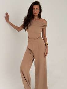 Aloruh Khaki Simple Office Lady Off Shoulder Ruched Blouse + Regular Ruched Wide-Leg Pants Set
