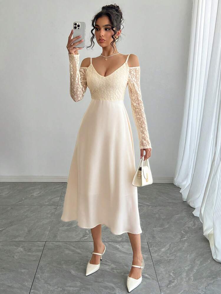 Lace Patchwork Waist Slip Dress For Women, Fall Prom Dress Long Sleeve Dress Off The Shoulder