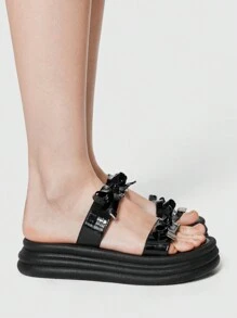 ROMWE Goth Women's Summer Peep-Toe Roman Beach Sandals, Bow Decor Sweet Slip-On Slippers, Student Vacation Shoes, Ladies Wedge Platform Sandals Spring Shoes Spring Break Easter - Black - View 3