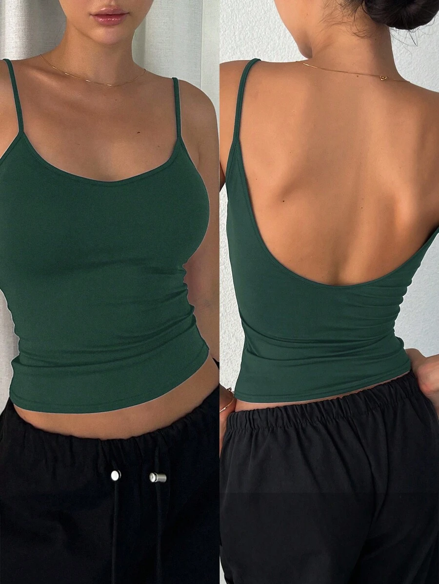 DAZY Women Casual Versatile Slim Fit Deep Back Camisole Tank Tops - Army Green - View 1
