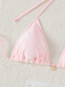 Swim Mod 3 件套女士夏季度假海滩花卉蕾丝吊带性感比基尼泳装套装带罩衫裙 - 粉色 - 查看 3