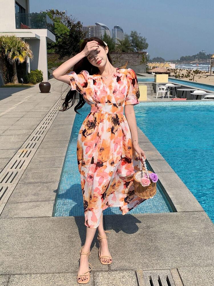 Women Floral All Over Print V-Neck Short Sleeve Dress