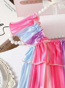 Baby Girl Summer Colorful Ruched Camisole Set With Ruffle-Trim A-Line Hem, Loose Wide Leg Pants, Casual Outfit For Daily Outing - Multicolor - View 5