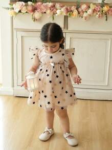 SHEIN Baby Girl Star Mesh Bow Cap Sleeve Cap Sleeve Dress, Comfortable Sweet Style, Featuring Luxurious & Elegant Design, Perfect For Outings - Apricot - View 6