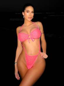 Swim SXY 游泳夏季海滩度假服装女士性感水钻比基尼套装 - 玫紅色 - 查看 5