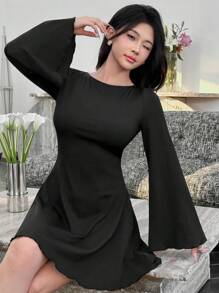 Modelyn Women's Solid Color Back Tie Hollow Out Casual Mini Dress, Simple Design - Black - View 3