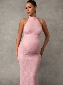 MaterniChic Maternity Lace V-Neck Dress With Bow Accent, Pink Color
