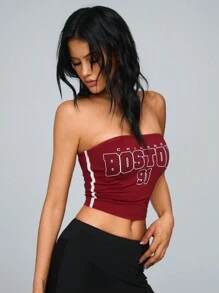 TRNVIE Strapless Letter Print Contrast Striped Women Blouse - Red - View 4