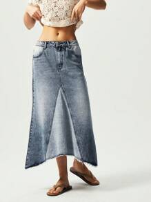 Bohemela Boho Cowgirl Solid-Color Woven Denim Wash Asymmetric Hem Women Skirt - Blue - View 2