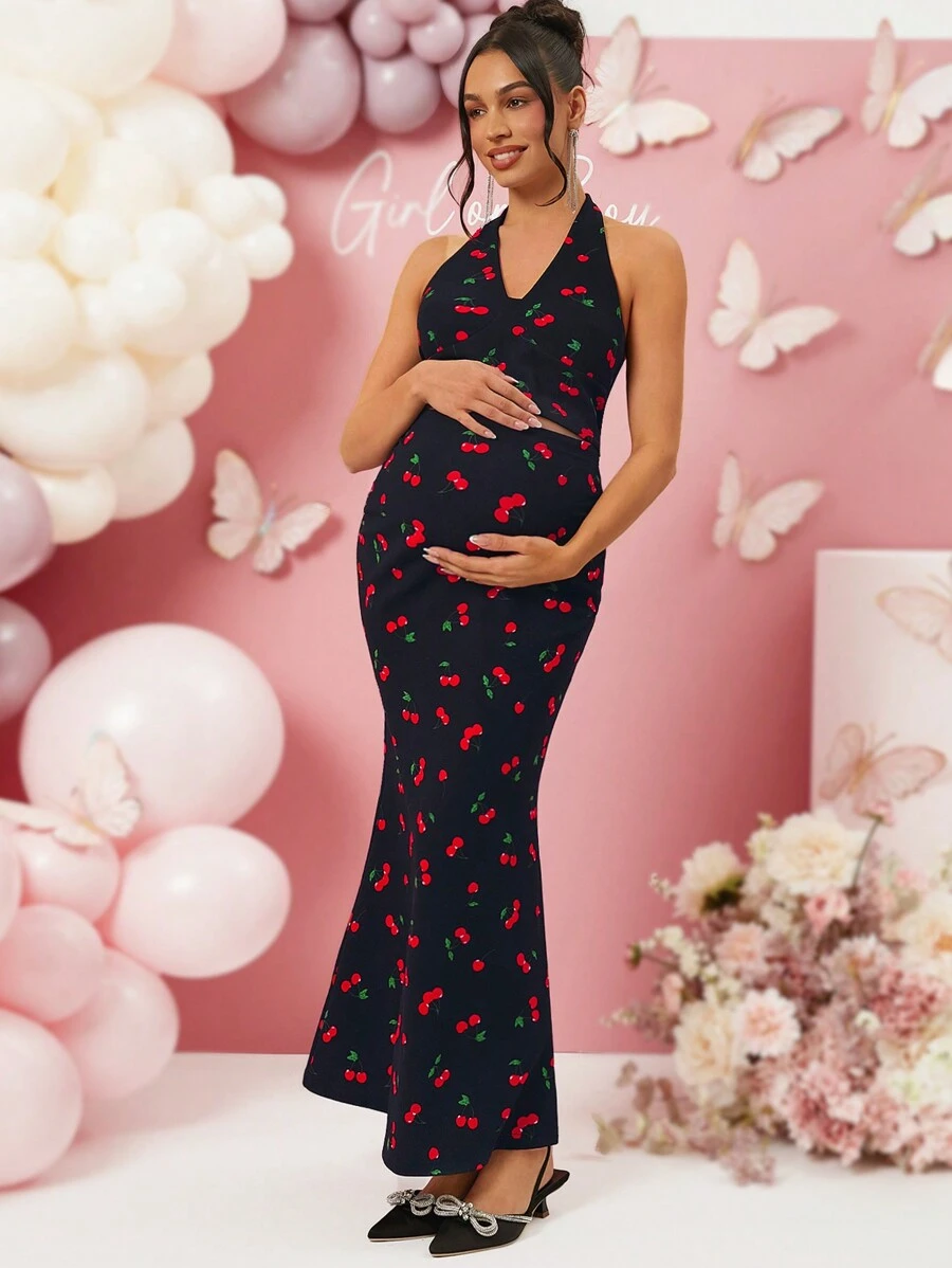 Loomaby 2 件套孕妇樱桃印花吊带上衣和荷叶边下摆短裙套装，适合情人节