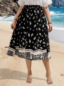 EMERY ROSE Damen Große Größen lässiger Paisley-Muster Elastischer Bund A-Linie Rock