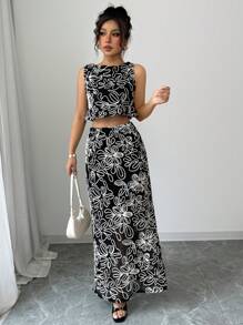 Elenzga Women 3D Floral Sleeveless Top & A-Line Skirt Bohemian 2 Pieces Set