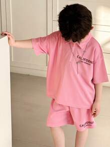 SHEIN 2 件/套 小男孩舒适休闲日常时尚可爱百搭简约风格日韩风翻领拉链短袖针织粉色上衣Polo衫衬衫短裤套装适合春夏季节日常生活运动校园聚会节日演出摄影返校季