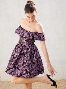 SHEIN Unity 欧美风格奢华高端优雅女士纹理露肩褶皱 A 字迷你连衣裙波西米亚风度假时尚风格全身印花花卉印花夏季 - 彩色 - 查看 6