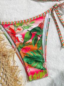 Swim Vcay Conjunto de bikini de 2 piezas con estampado aleatorio de plantas tropicales, con tiras en el cuello y la espalda, para verano y vacaciones en la playa