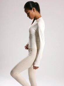 Musera Sport Long Sleeve Slinky Thumb Hole Logo Active Top, Padel, Tennis, Pickleball Gym Fitness Yoga Pilates Daily Casual - Beige - View 3