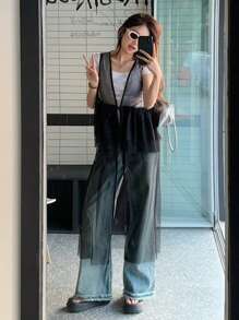 DAZY Women Casual Mesh Overlay Tie-Up Mini Dress Sundress - Black - View 6