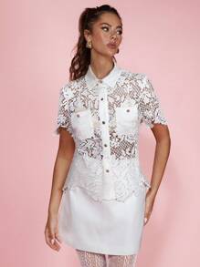 COSMINA Women's Front Button Short Sleeve Pocket Casual See-Through Shirt - White - View 4