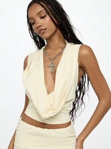 SUMWON WOMEN Hooded Cowl Neck Sleeveless Cropped Summer Top Draped Design Festival Style Streetwear Fashion Bohemian Beachwear - Apricot - View 6