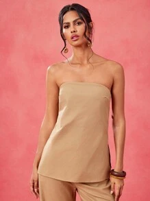 Charllene Santos ملابس علوية أنيق كاكي فاتح، بتصميم بسيط، منسدل من الكتفين، قابل للتعديل، بربطة على الرقبة والظهر، مناسب للمهرجانات - كاكي - مشاهدة 5