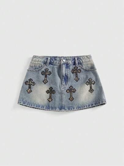 Grunge Punk Women Leopard Patch Embroidered Cross Detail Denim Mid-Length Skirt