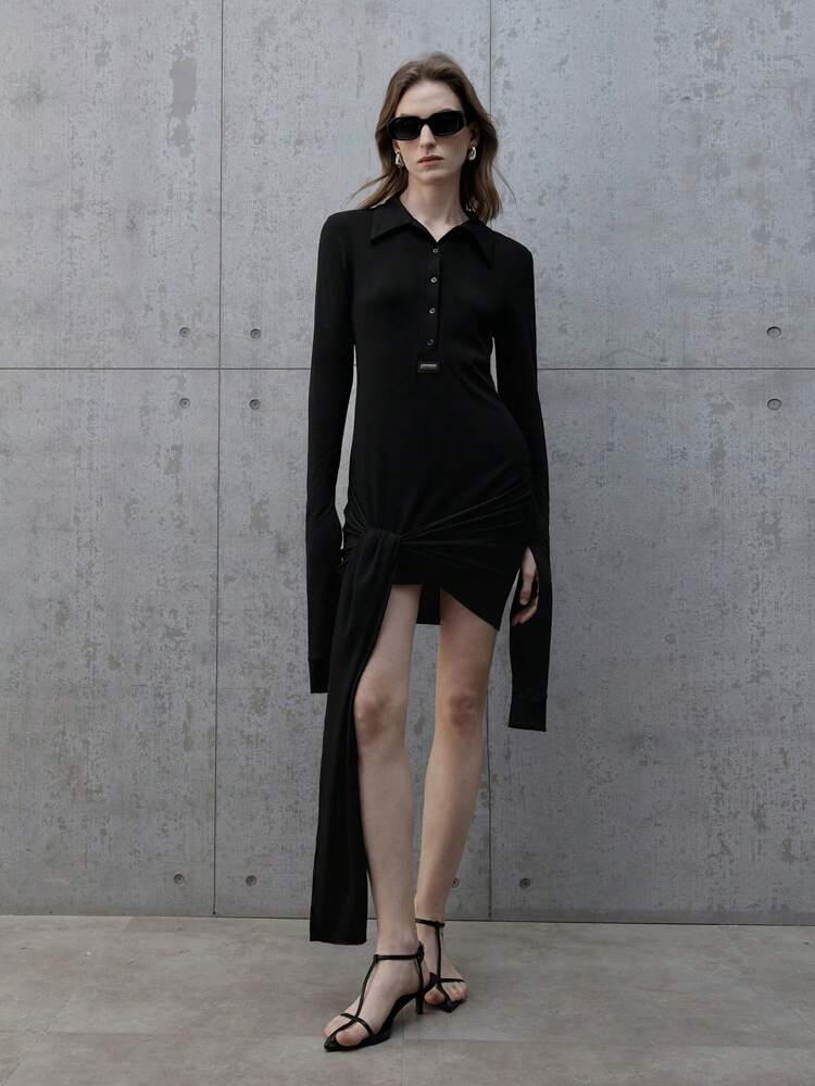 Women's Knitted Dress, Black, Elongated Sleeves, Ribbed Texture, Shirt Collar, Knee-Length