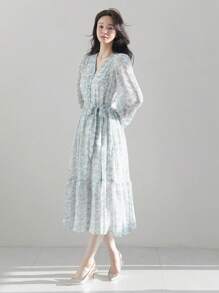 DAZY Damen V-Ausschnitt Ditsy Blumen Kordelzug Midi-Kleid, Herbstkleid Abendkleid